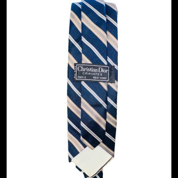 Vintage Christian Dior Paris New York 100% Silk Tie Blue beige Designer Necktie